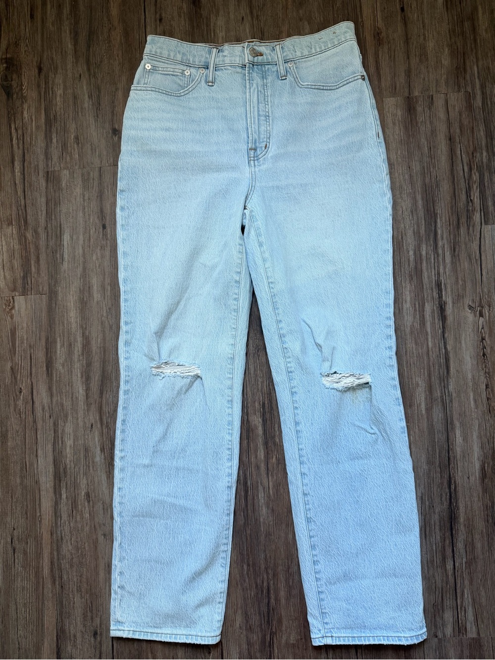 Madewell Light Blue High-Rise Straight Jeans with Knee Distress